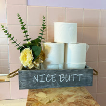 Load image into Gallery viewer, Nice Butt Bathroom Decor Box-Farmhouse Bathroom Decorations Wood Tissue Box Holder w/ 16oz Mason Jar Soap Dispenser&amp;Greenery Rose Champagne for Bathroom,Table and Counter,Grey