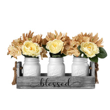 Load image into Gallery viewer, Farmhouse Mason Jar Centerpieces, Rustic Country Home Table Decor with 3 White Ceremic Mason Jars,Rose Bouquet Flowers for Dining Room,Living Room,Kitchen,Coffee Table,Utensils Holder